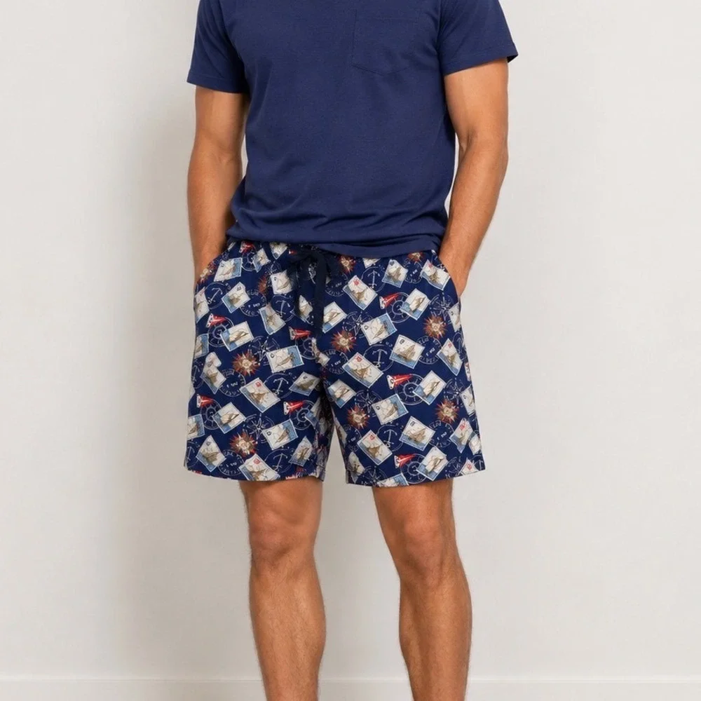 Chaps Mens Nautical Sailboat Print Shorts Blue Cotton Sleepwear Lounge Preppy L